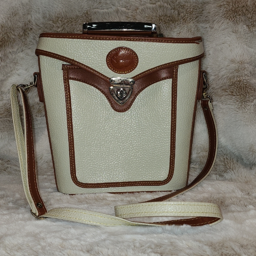 Vintage Handbag. Elegant Cream and Brown Crossbody Bag with Leather Accents